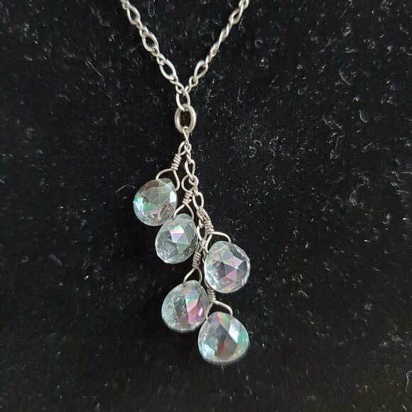 VTG AZ Italy Silver 925 Necklace-Cluster Iridescent Crystal Glass Droplets ~18" - Picture 3 of 6